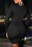 Blue Sexy Solid Hollowed Out Patchwork Fold O Neck One Step Skirt Dresses