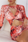 Red Fashion Sexy Print Hollowed Out Draw String O Neck Long Sleeve Dresses