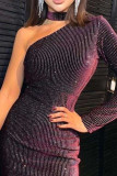 Dark Purple Sexy Solid Hollowed Out Patchwork Oblique Collar Dresses