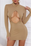Khaki Fashion Sexy Solid Hollowed Out Backless Turtleneck Long Sleeve Dresses