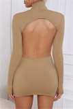 Khaki Fashion Sexy Solid Hollowed Out Backless Turtleneck Long Sleeve Dresses