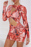 Red Fashion Sexy Print Hollowed Out Draw String O Neck Long Sleeve Dresses