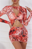Red Fashion Sexy Print Hollowed Out Draw String O Neck Long Sleeve Dresses