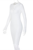 White Sexy Casual Solid Basic V Neck Long Sleeve Dresses