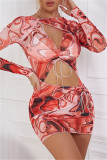 Red Fashion Sexy Print Hollowed Out Draw String O Neck Long Sleeve Dresses
