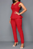 Red Fashion Casual Solid Patchwork V Neck Regular Jumpsuits
