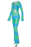 Green Fashion Casual Print Bandage Asymmetrical V Neck Long Sleeve Two Pieces