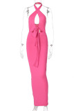 Rose Red Fashion Sexy Solid Bandage Hollowed Out Backless Halter Sleeveless Dress