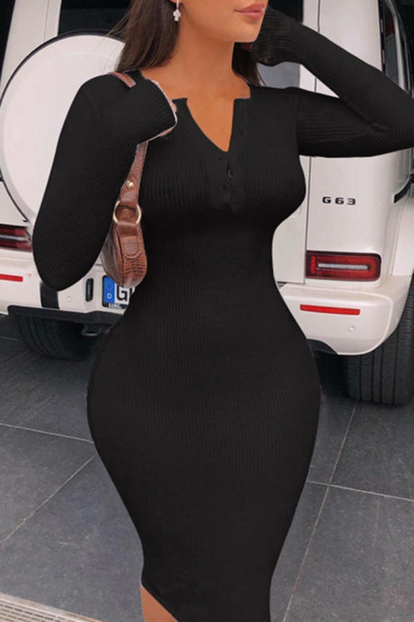 Black Sexy Casual Solid Basic V Neck Long Sleeve Dresses