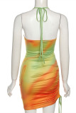 Orange Fashion Sexy Print Draw String Backless Halter Sleeveless Dress