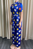 Blue Fashion Casual Dot Print Hollowed Out O Neck Regular Jumpsuits