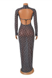 Black Fashion Sexy Print Frenulum Backless Turtleneck Long Sleeve Dresses