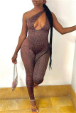 Dark Brown Fashion Sexy Print Hollowed Out Backless One Shoulder Skinny Jumpsuits