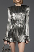 Silver Fashion Elegant Solid Split Joint Fold O Neck A Line Dresses