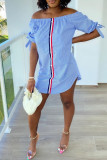 Blue Fashion Casual Striped Print Patchwork Off the Shoulder Sleeveless Dress