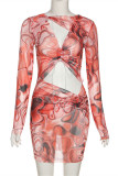 Red Fashion Sexy Print Hollowed Out Draw String O Neck Long Sleeve Dresses