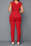 Red Fashion Casual Solid Patchwork V Neck Regular Jumpsuits