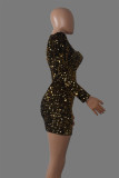 Black Fashion Sexy Patchwork Hollowed Out Sequins V Neck Long Sleeve Dresses