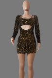 Black Fashion Sexy Patchwork Hollowed Out Sequins V Neck Long Sleeve Dresses
