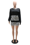 Black Fashion Casual Print Leopard Patchwork Hooded Collar Long Sleeve Two Pieces