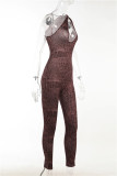 Dark Brown Fashion Sexy Print Hollowed Out Backless One Shoulder Skinny Jumpsuits