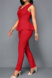 Red Fashion Casual Solid Patchwork V Neck Regular Jumpsuits