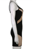 Black Sexy Patchwork See-through Backless Spaghetti Strap Sleeveless Dress