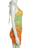 Orange Fashion Sexy Print Draw String Backless Halter Sleeveless Dress