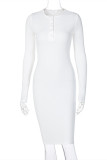 White Sexy Casual Solid Basic V Neck Long Sleeve Dresses