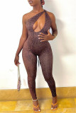 Dark Brown Fashion Sexy Print Hollowed Out Backless One Shoulder Skinny Jumpsuits