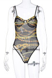 Black Fashion Sexy Print See-through Backless Spaghetti Strap Skinny Romper