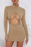 Khaki Fashion Sexy Solid Hollowed Out Backless Turtleneck Long Sleeve Dresses