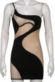 Black Sexy Patchwork See-through Backless Spaghetti Strap Sleeveless Dress