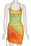 Orange Fashion Sexy Print Draw String Backless Halter Sleeveless Dress