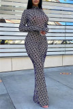 Black Fashion Sexy Print Frenulum Backless Turtleneck Long Sleeve Dresses