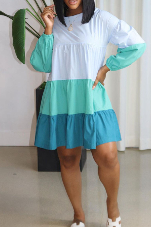 Blue Casual Solid Patchwork Fold O Neck A Line Dresses
