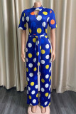 Blue Fashion Casual Dot Print Hollowed Out O Neck Regular Jumpsuits