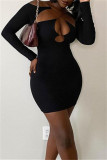 Black Fashion Sexy Solid Hollowed Out V Neck Long Sleeve Dresses