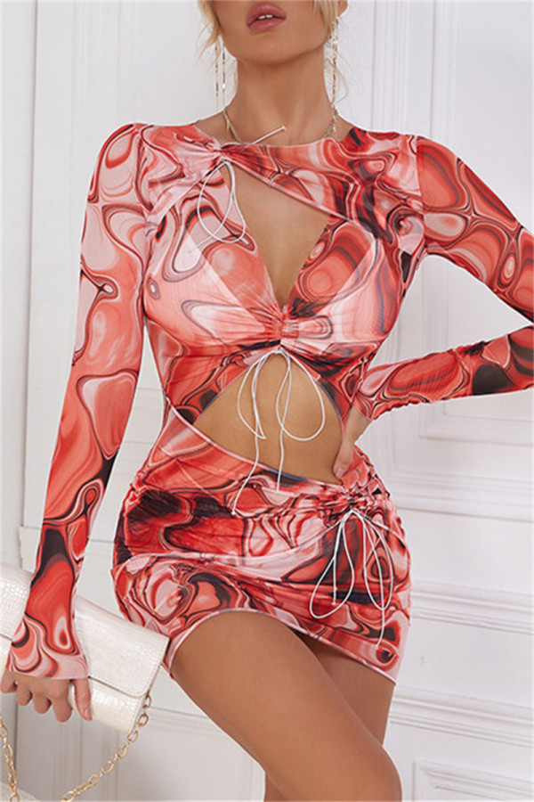 Red Fashion Sexy Print Hollowed Out Draw String O Neck Long Sleeve Dresses