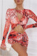 Red Fashion Sexy Print Hollowed Out Draw String O Neck Long Sleeve Dresses
