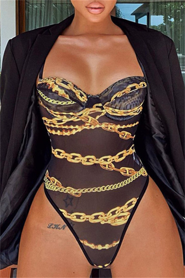 Black Fashion Sexy Print See-through Backless Spaghetti Strap Skinny Romper