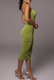Green Sexy Solid Split Joint Fold Spaghetti Strap One Step Skirt Dresses