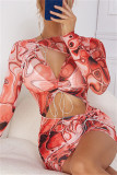 Red Fashion Sexy Print Hollowed Out Draw String O Neck Long Sleeve Dresses