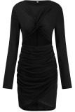 Blue Sexy Solid Hollowed Out Patchwork Fold O Neck One Step Skirt Dresses