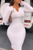 White Sexy Casual Solid Basic V Neck Long Sleeve Dresses
