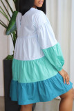 Blue Casual Solid Patchwork Fold O Neck A Line Dresses