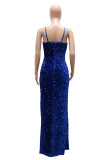 Blue Sexy Patchwork See-through Backless Slit Spaghetti Strap Evening Dress
