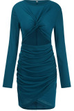 Blue Sexy Solid Hollowed Out Patchwork Fold O Neck One Step Skirt Dresses
