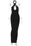 Rose Red Fashion Sexy Solid Bandage Hollowed Out Backless Halter Sleeveless Dress