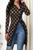 Black Fashion Casual Print Patchwork Slit Oblique Collar Tops